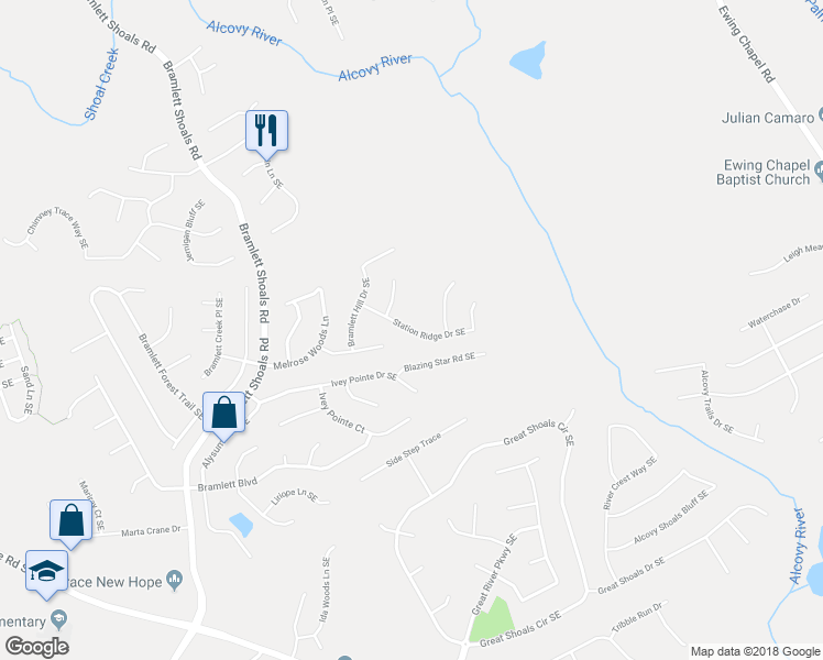 map of restaurants, bars, coffee shops, grocery stores, and more near Station Ridge Drive Southeast in Lawrenceville