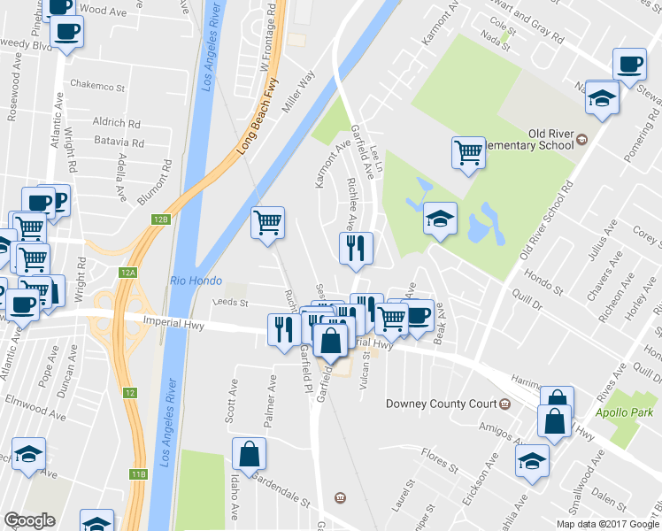 map of restaurants, bars, coffee shops, grocery stores, and more near 10551 Karmont Avenue in South Gate