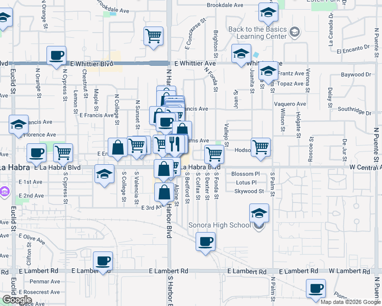 map of restaurants, bars, coffee shops, grocery stores, and more near 161 Greentree Lane in La Habra