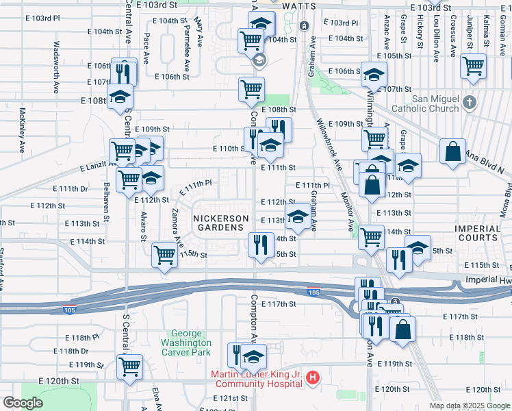 map of restaurants, bars, coffee shops, grocery stores, and more near 11200 Compton Avenue in Los Angeles