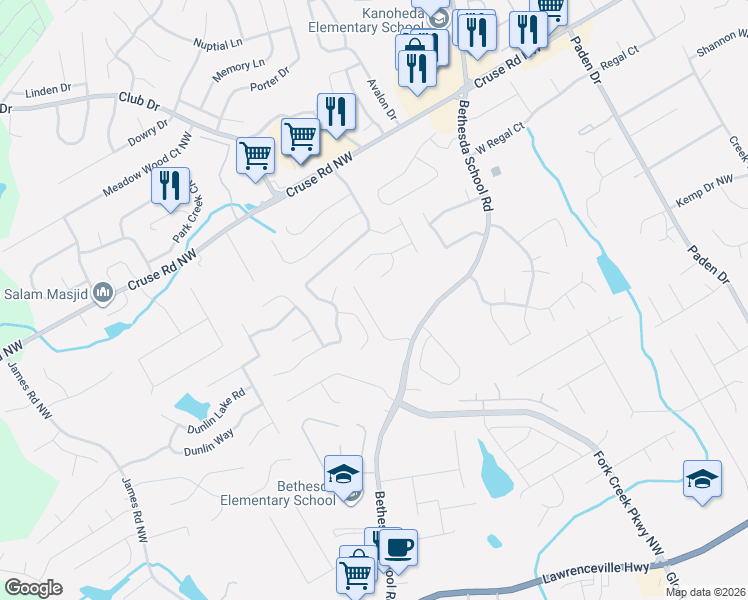 map of restaurants, bars, coffee shops, grocery stores, and more near 711 Sace Court in Lawrenceville