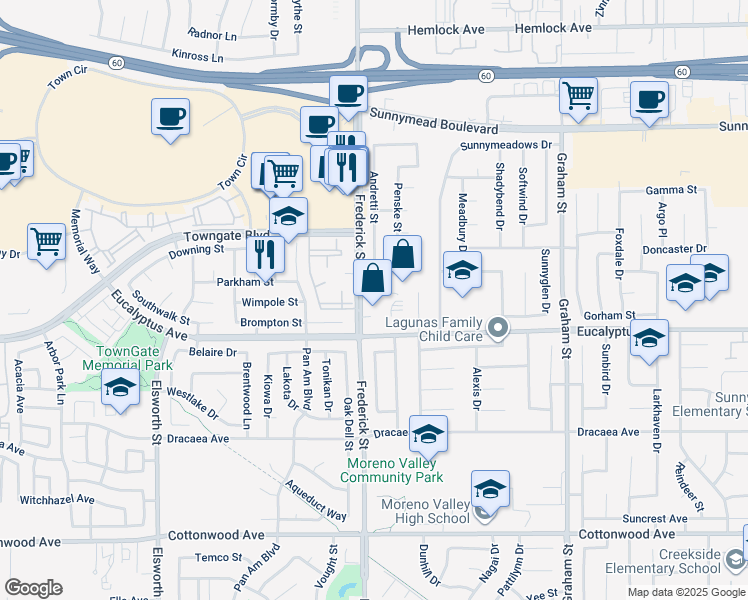 map of restaurants, bars, coffee shops, grocery stores, and more near 12900 Frederick Street in Moreno Valley