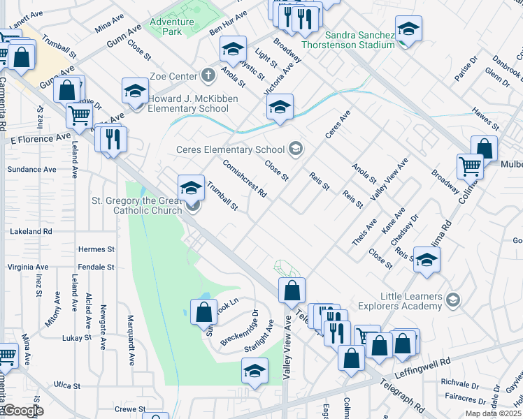 map of restaurants, bars, coffee shops, grocery stores, and more near 10751 Ceres Avenue in Whittier