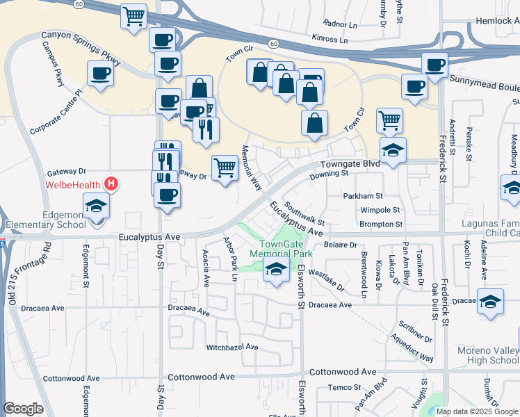 map of restaurants, bars, coffee shops, grocery stores, and more near 22350 Yorke Road in Moreno Valley