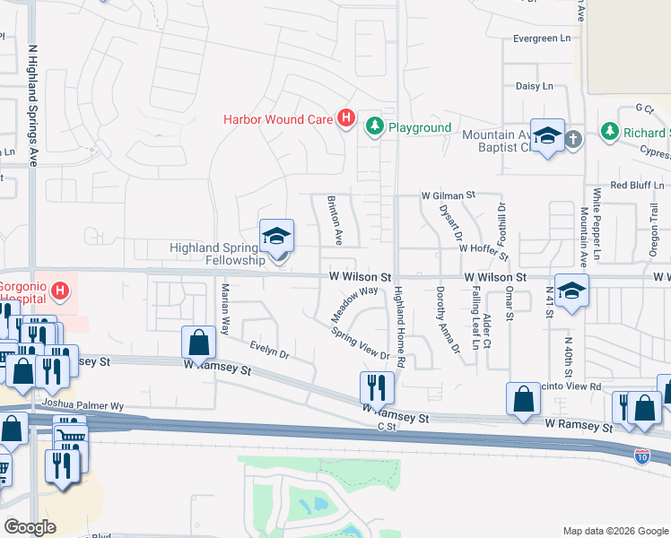 map of restaurants, bars, coffee shops, grocery stores, and more near 5077 West Wilson Street in Banning