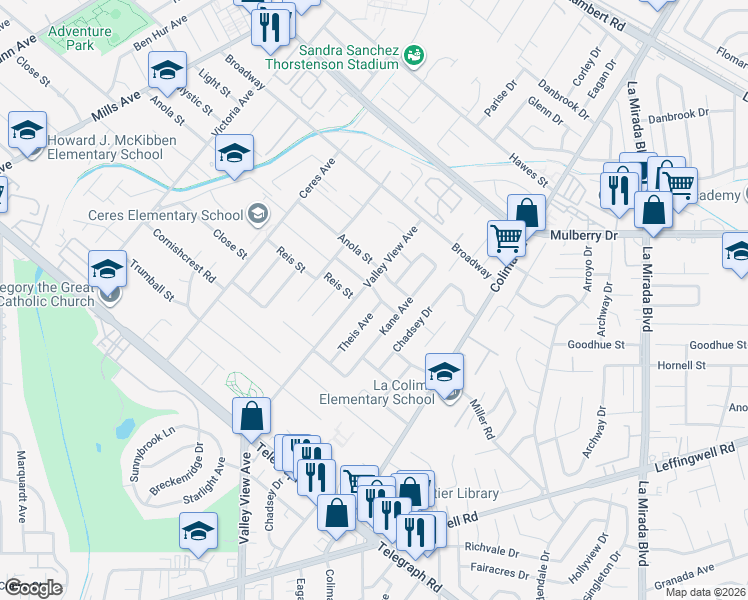 map of restaurants, bars, coffee shops, grocery stores, and more near 10903 Theis Avenue in Whittier
