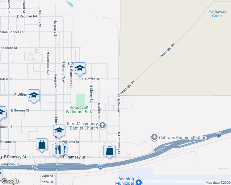 map of restaurants, bars, coffee shops, grocery stores, and more near 555 North Hathaway Street in Banning