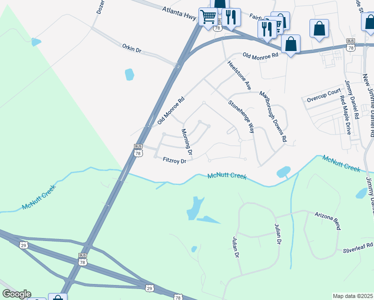 map of restaurants, bars, coffee shops, grocery stores, and more near 640 Holly Springs Court in Bogart