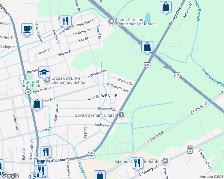 map of restaurants, bars, coffee shops, grocery stores, and more near 712 East Charlotte Avenue in Sumter