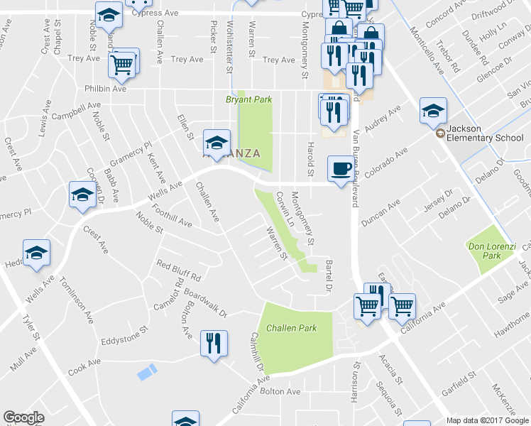 map of restaurants, bars, coffee shops, grocery stores, and more near 4835 Warren Street in Riverside
