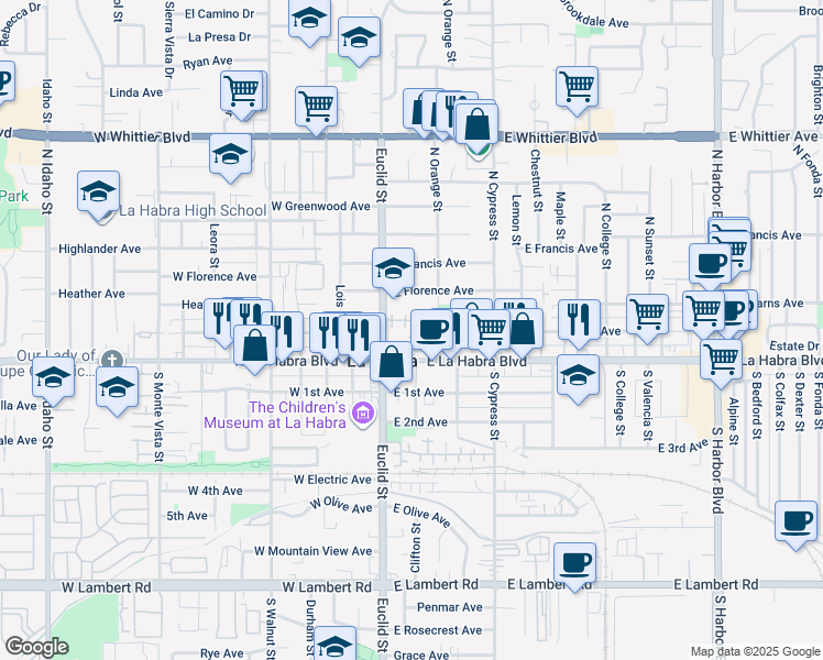map of restaurants, bars, coffee shops, grocery stores, and more near 162 Reed Lane in La Habra