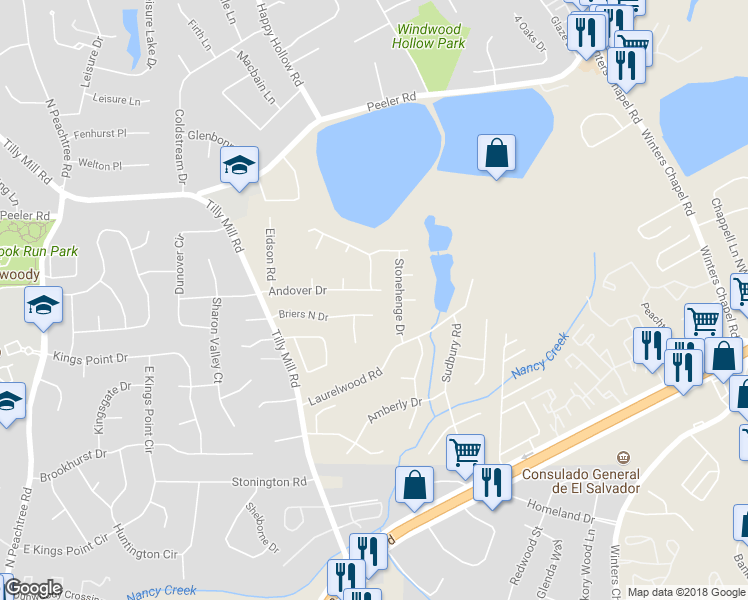 map of restaurants, bars, coffee shops, grocery stores, and more near 2611 Andover Drive in Doraville