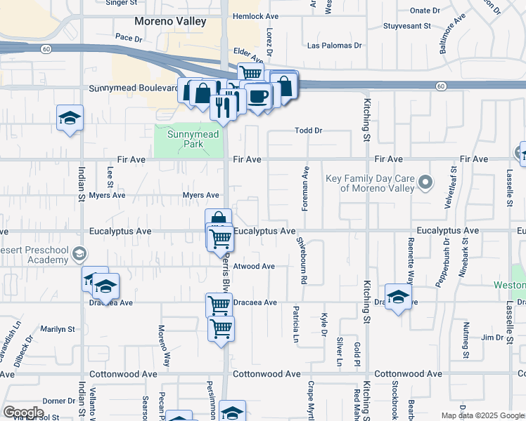 map of restaurants, bars, coffee shops, grocery stores, and more near 12935 Shiray Ranch Road in Moreno Valley
