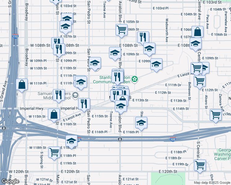 map of restaurants, bars, coffee shops, grocery stores, and more near 442 East 112th Street in Los Angeles