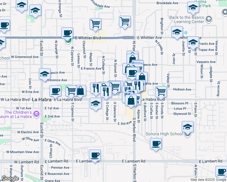 map of restaurants, bars, coffee shops, grocery stores, and more near 905 East Erna Avenue in La Habra