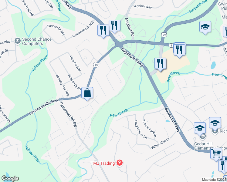 map of restaurants, bars, coffee shops, grocery stores, and more near 1743 Cannonball Court Northwest in Lawrenceville