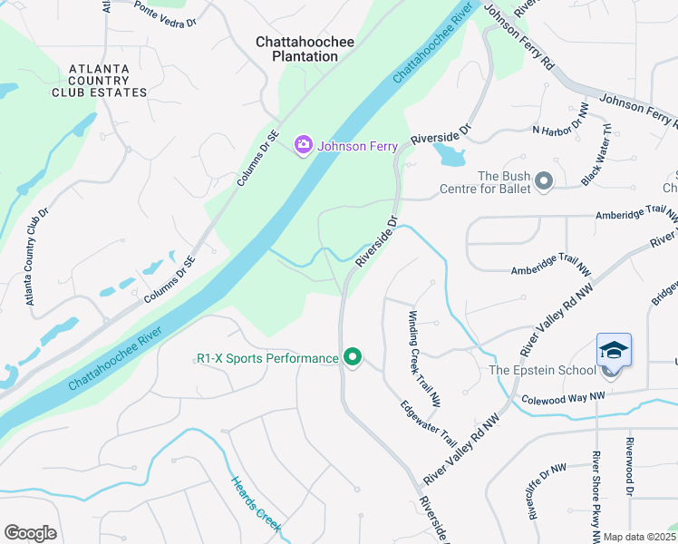 map of restaurants, bars, coffee shops, grocery stores, and more near 6525 Old Riverside Drive Northwest in Sandy Springs