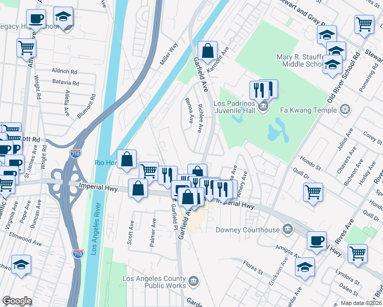 map of restaurants, bars, coffee shops, grocery stores, and more near 10555 Karmont Avenue in South Gate