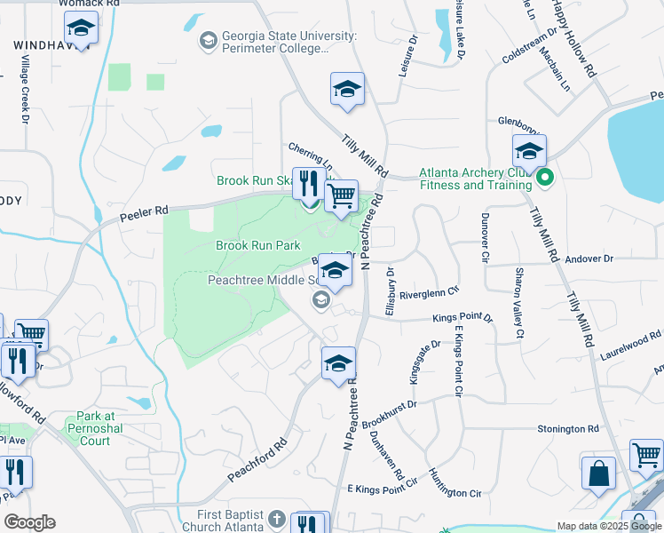 map of restaurants, bars, coffee shops, grocery stores, and more near 4635 Barclay Drive in Dunwoody