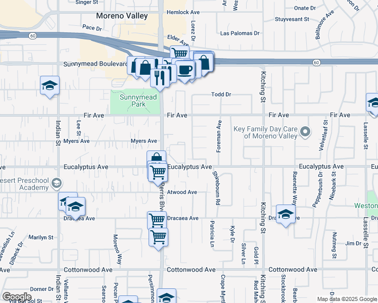 map of restaurants, bars, coffee shops, grocery stores, and more near 12935 Shiray Ranch Road in Moreno Valley