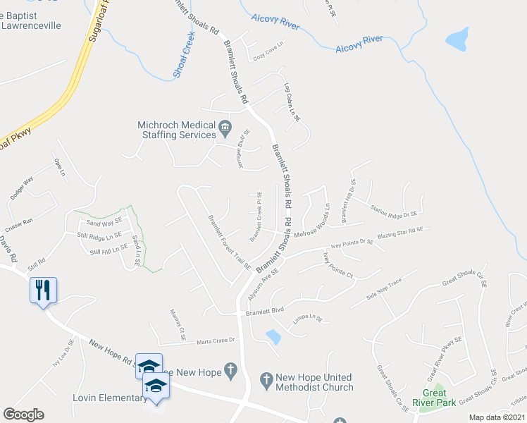 map of restaurants, bars, coffee shops, grocery stores, and more near 1264 Bramlett Creek Place Southeast in Lawrenceville