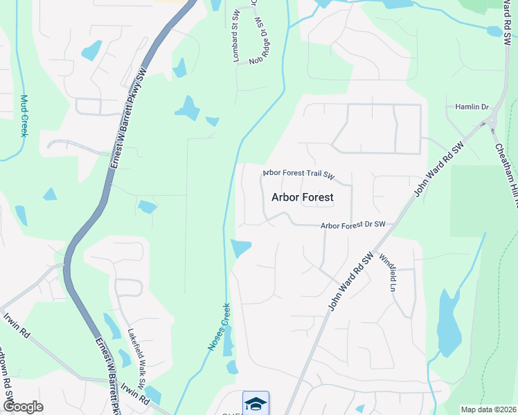 map of restaurants, bars, coffee shops, grocery stores, and more near 2208 Arbor Forest Trail Southwest in Marietta