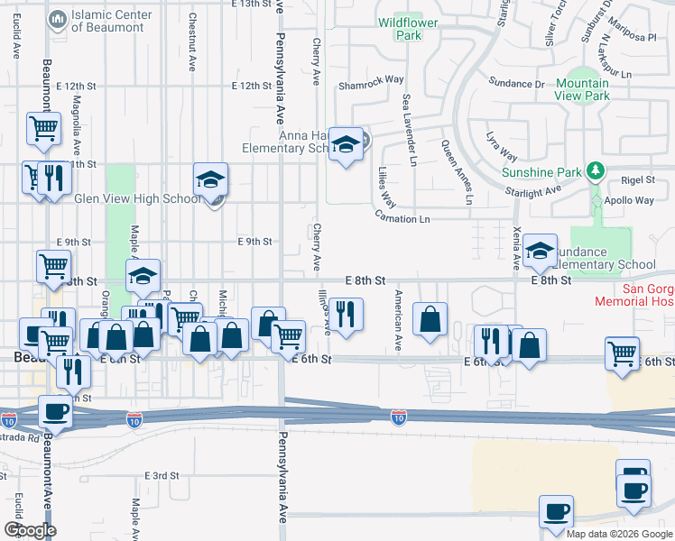 map of restaurants, bars, coffee shops, grocery stores, and more near 1324 East 8th Street in Beaumont