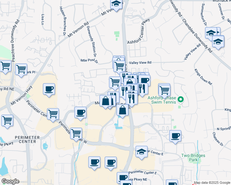 map of restaurants, bars, coffee shops, grocery stores, and more near 500 Ashwood Parkway in Atlanta