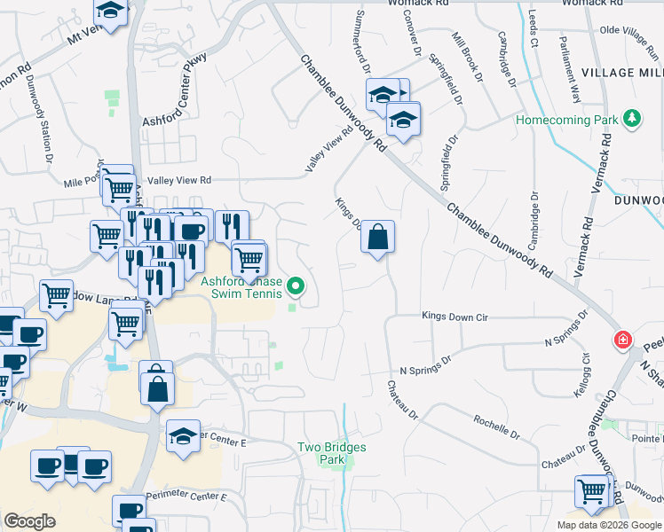 map of restaurants, bars, coffee shops, grocery stores, and more near 4654 Devonshire Road in Dunwoody