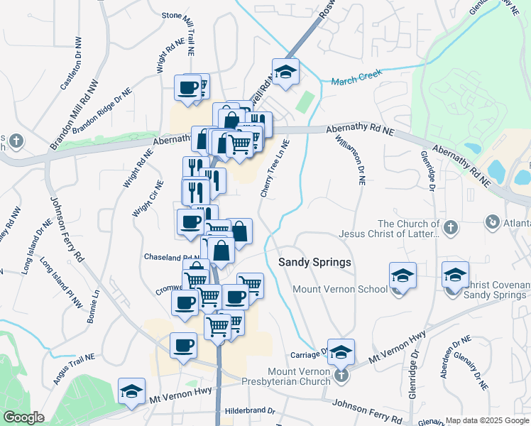 map of restaurants, bars, coffee shops, grocery stores, and more near 6517 Cherry Tree Lane Northeast in Atlanta