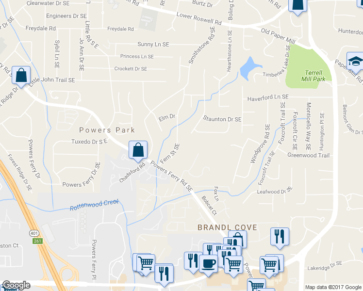 map of restaurants, bars, coffee shops, grocery stores, and more near 775 Fern Street Southeast in Marietta