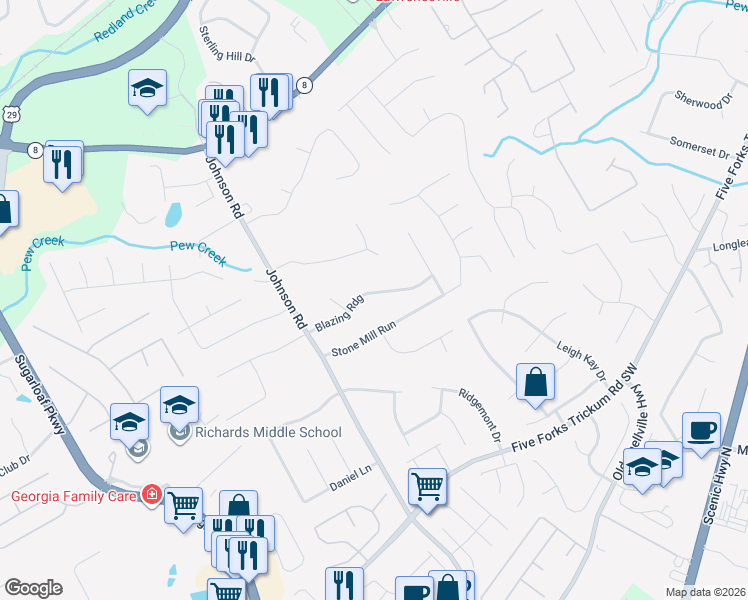 map of restaurants, bars, coffee shops, grocery stores, and more near 1118 Blazing Ridge in Lawrenceville