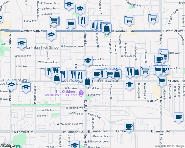 map of restaurants, bars, coffee shops, grocery stores, and more near 163 Pinkerton Lane in La Habra
