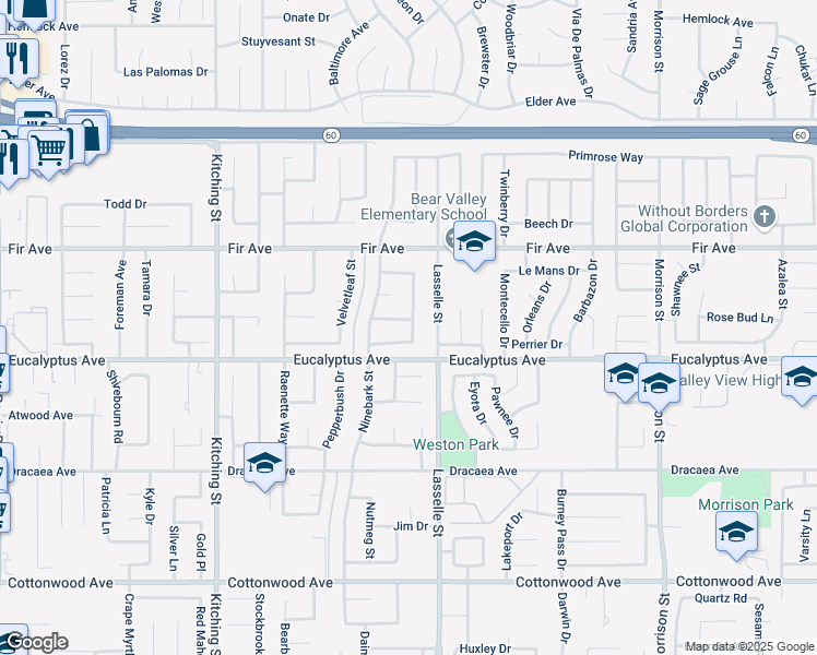 map of restaurants, bars, coffee shops, grocery stores, and more near 25919 Hollyberry Lane in Moreno Valley