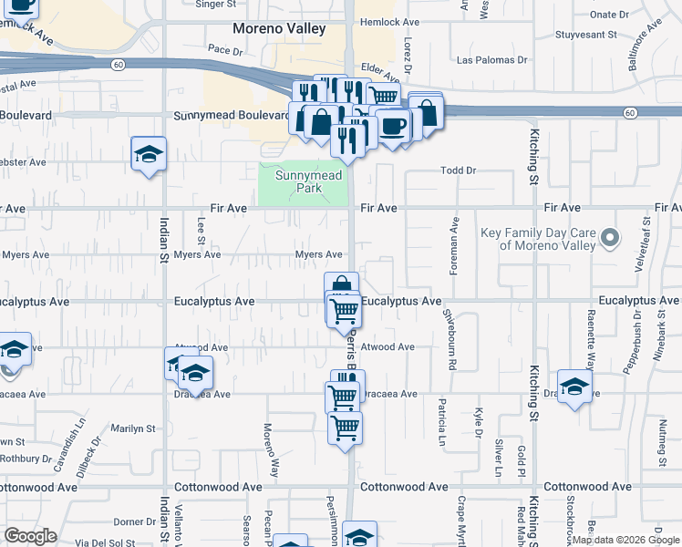 map of restaurants, bars, coffee shops, grocery stores, and more near 12865 Perris Boulevard in Moreno Valley