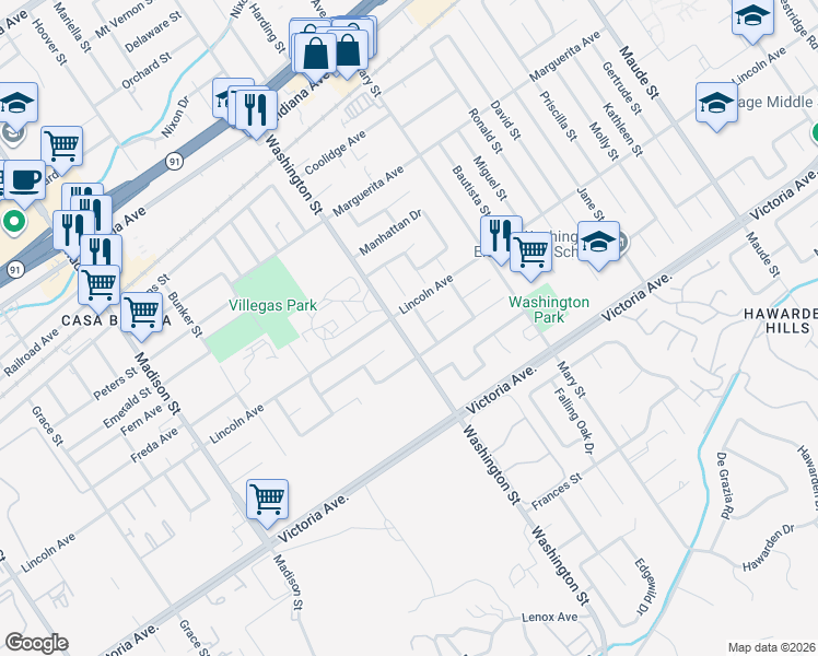 map of restaurants, bars, coffee shops, grocery stores, and more near 2883 Washington Street in Riverside