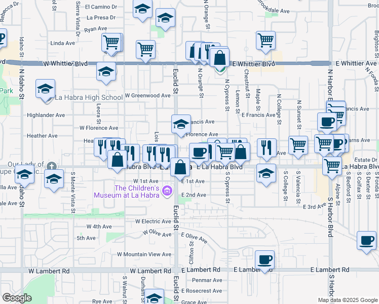 map of restaurants, bars, coffee shops, grocery stores, and more near 215 East La Habra Boulevard in La Habra