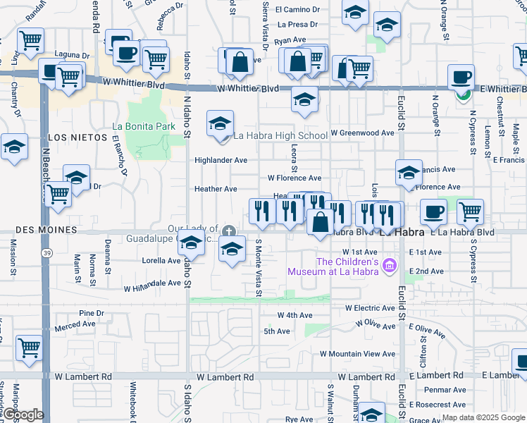 map of restaurants, bars, coffee shops, grocery stores, and more near 201 Willow Street in La Habra