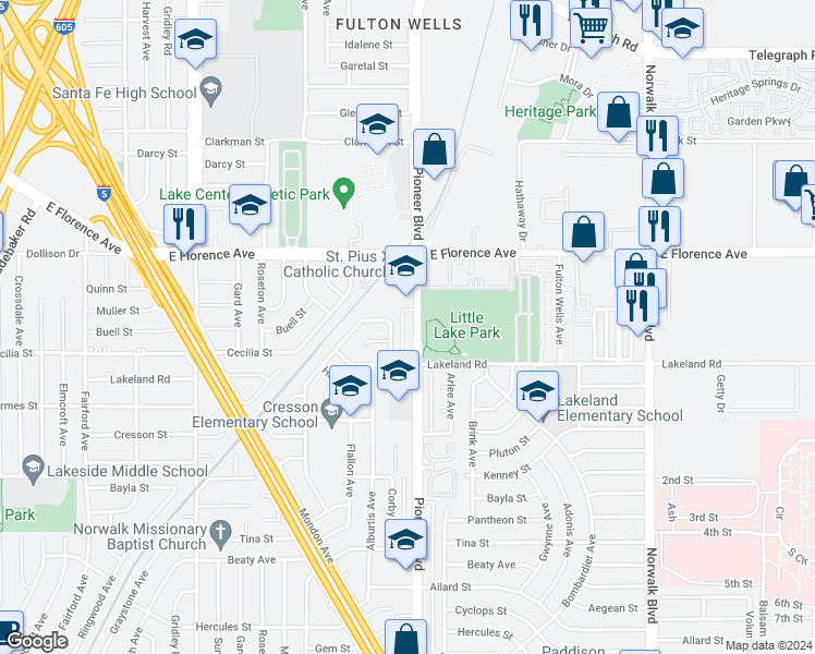 map of restaurants, bars, coffee shops, grocery stores, and more near 10900 Pioneer Boulevard in Santa Fe Springs