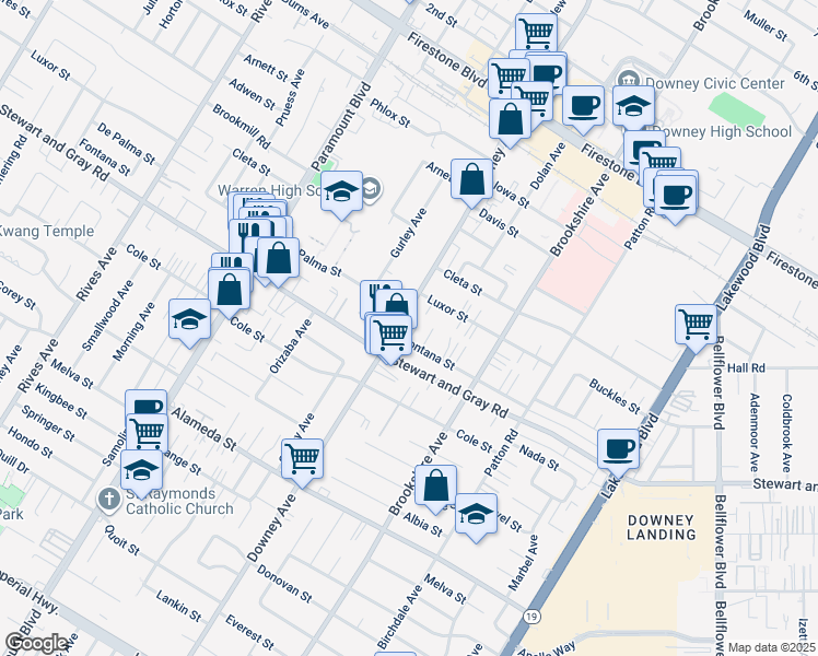 map of restaurants, bars, coffee shops, grocery stores, and more near 8333 1/2 Fontana Street in Downey
