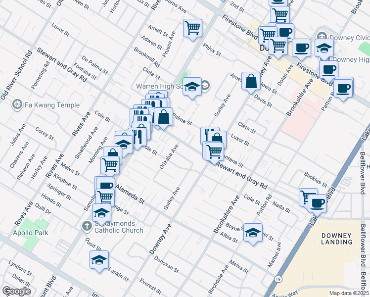 map of restaurants, bars, coffee shops, grocery stores, and more near 8203 Nada Street in Downey