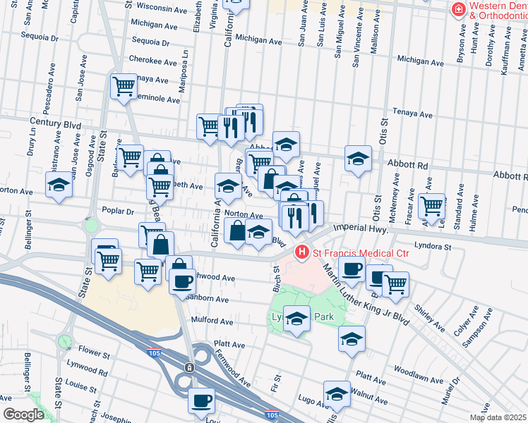 map of restaurants, bars, coffee shops, grocery stores, and more near 3581 Norton Avenue in Lynwood