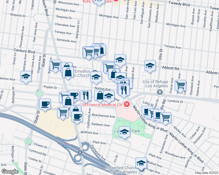 map of restaurants, bars, coffee shops, grocery stores, and more near 3581 Norton Avenue in Lynwood