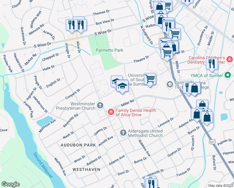 map of restaurants, bars, coffee shops, grocery stores, and more near 2 Snowden Street in Sumter