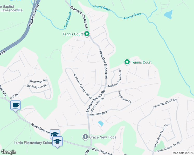 map of restaurants, bars, coffee shops, grocery stores, and more near 1264 Bramlett Creek Place Southeast in Lawrenceville