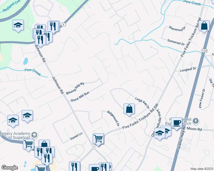 map of restaurants, bars, coffee shops, grocery stores, and more near 279 Mill Ridge Court in Lawrenceville