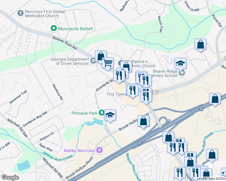 map of restaurants, bars, coffee shops, grocery stores, and more near 2078 Pinnacle Pointe Drive in Norcross