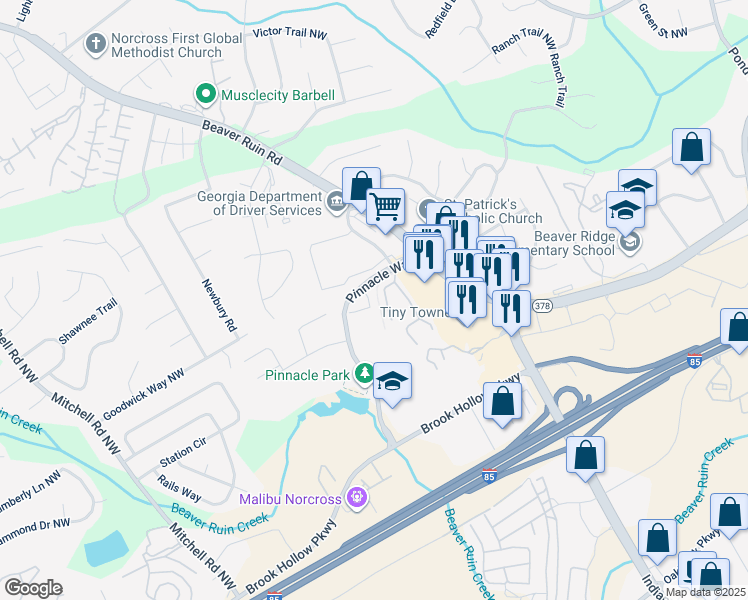 map of restaurants, bars, coffee shops, grocery stores, and more near 2099 Pinnacle Way in Norcross