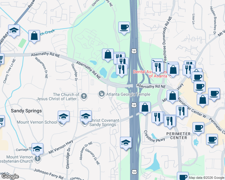 map of restaurants, bars, coffee shops, grocery stores, and more near 901 Abernathy Road Northeast in Sandy Springs