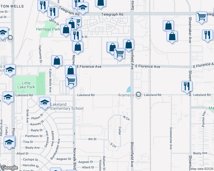 map of restaurants, bars, coffee shops, grocery stores, and more near 12345 Lakeland Road in Santa Fe Springs